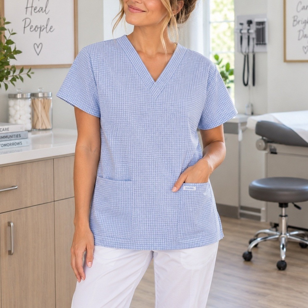 Cherokee Scrub Top Blue White Gingham Check V Neck Medical Nurse Pockets